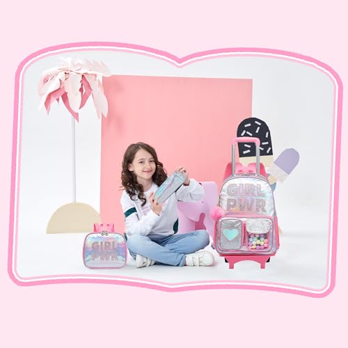 Image of HTgroce Rolling Backpack with Wheel,School Backpack for Kids Girl Roller Schoolbag Wheeled Backpacks Set Carry-on Luggage,Pink