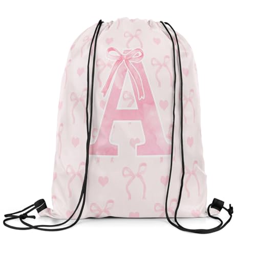 Erosebridal Initial Letter A 13x15.7 For Sport Gym Swim Yoga Pink Alphabet String Bag Romantic Butterfly Knot Sackpack Kawaii Love Hearts Reversible foldable Bowknot Cinch Bag
