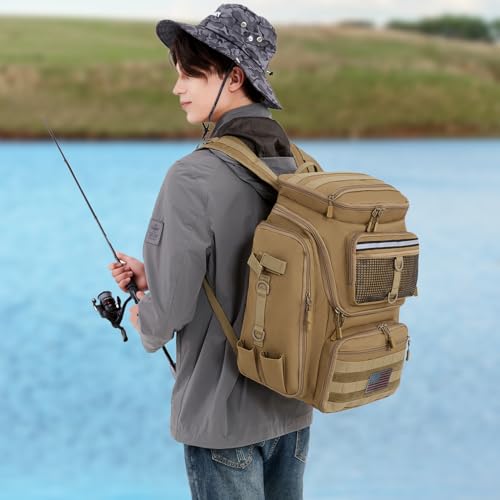 HAMBOLY Mochila de pesca com suportes de vara, mochila de 40 L para equipamentos de pesca, bolsa de
