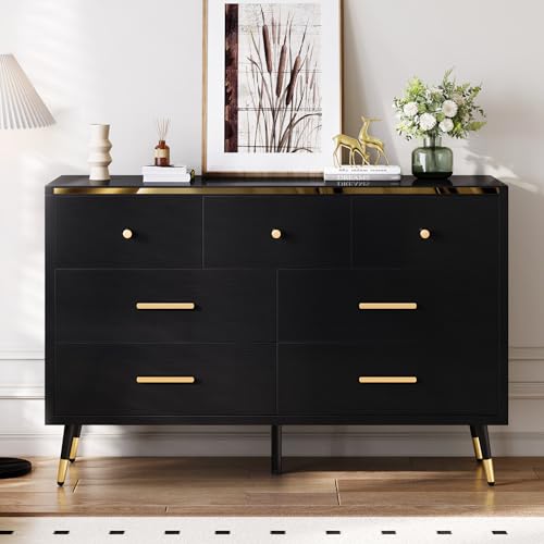 DWVO 7 Drawer Dresser, Black Wood Chests of Drawers & Storage Dressers with Gold Metal Handle ＆ Anti-Tipping Device, Modern Double Dresser Storage Cabinet Living Room Hallway, Entryway Dark