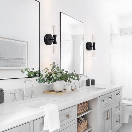 Image of JoollySun Black Wall Sconce Crystal: Dimmable 3-Color (3000K-6000K) LED Bathroom Lighting for Hallway Bedroom Decorative