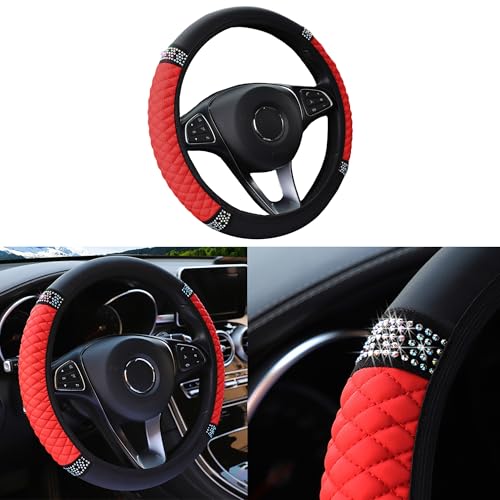 Couslcd Bling Car Steering Wheel Cover, 15 Inch Rhinestones Soft Leather Elastic Steering Wheel Protector, Sparkly Crystal Diamond for Women Girls, Car Interior Accessories for Most Cars (Red)