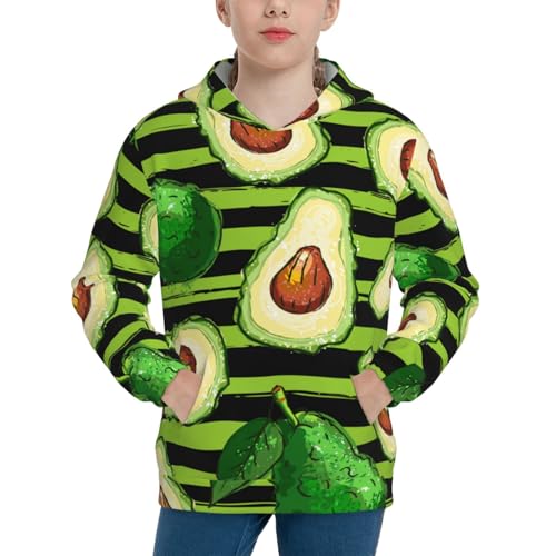 Avocado Green Striped Kids Pullover Hoodies Boys Sweatshirts Girls Athletic Clothes with Pocket