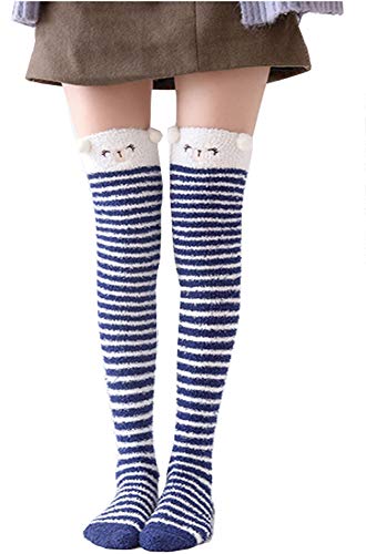 Image of Hotmiss Womens Thigh High Fuzzy Socks Cute Over the Knee Stockings Winter Warm Stripe Leg Warmers