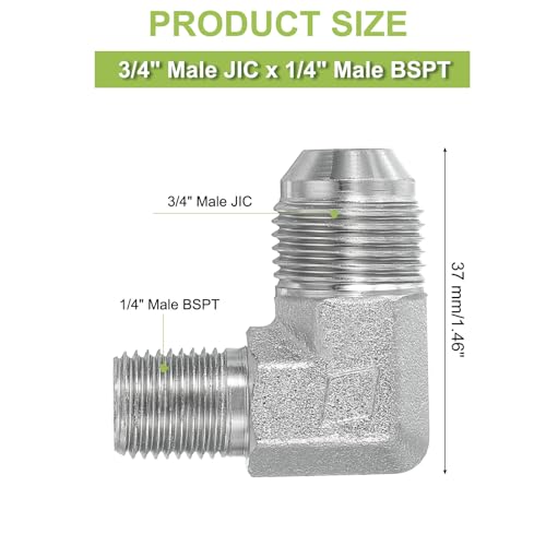 Image of PATIKIL 90 Degree Pipe Adapter, 3 /4 inch Male 37 Flare JIC x 1 /4 inch BSPT Male Connector Carbon Steel Elbow Fitting for Air Hydraulic Fluid Fuel Water Oil, Silver