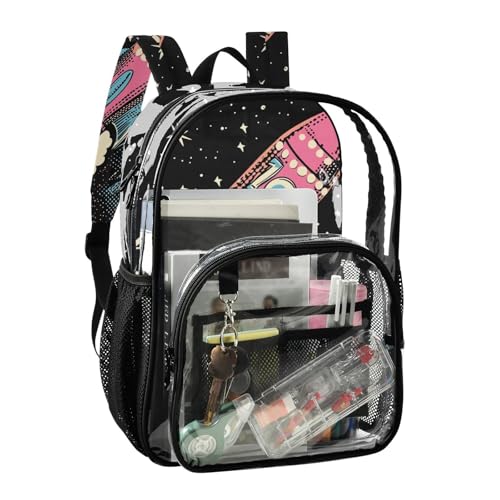 Retro Vintage Rockets Space Kid Clear Backpack Clear Bookbag For Adults Transparent PVC Back Pack2
