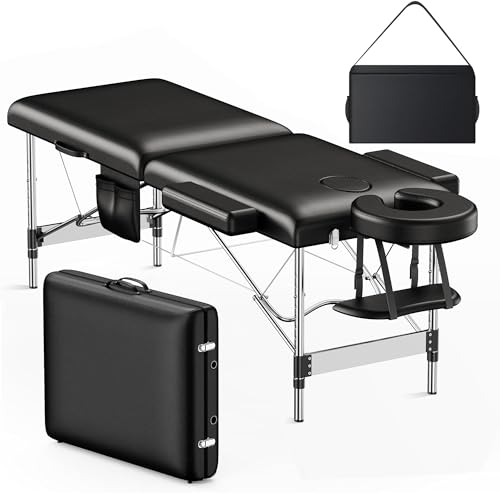 Brelley Massage Table Portable, 2-Fold Lash Bed with Side Pocket, Adjustable Height, Sturdy Aluminum Frame, Esthetician Spa Facial Tattoo Bed with Face Cradle & Carrying Bag, Black