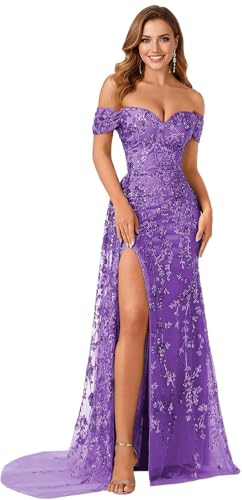 Tulle Prom Dress 2026 Long Lace Mermaid Off Shoulder Formal Evening Ball Gown with Slit Dusty-Purple