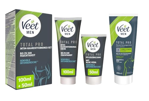 Veet Intim-Haarentfernungs-Set – speziell für den sensiblen Intimbereich – Intim-Haarentfernungscreme (100ml) mit Spatel + Pflegebalsam (50 ml) + Veet for Men Haarentfernungs-Creme Power Effect 200ml