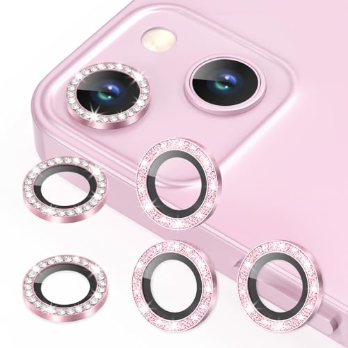 AGVEE 3+3 6 Pack for iPhone 13 6.1 / 13 Mini 5.4 Camera Lens Protector Bling Diamond & Bling Glitter Metal Ring 9H Tempered HD Glass Camera Cover Film Bling-Pink