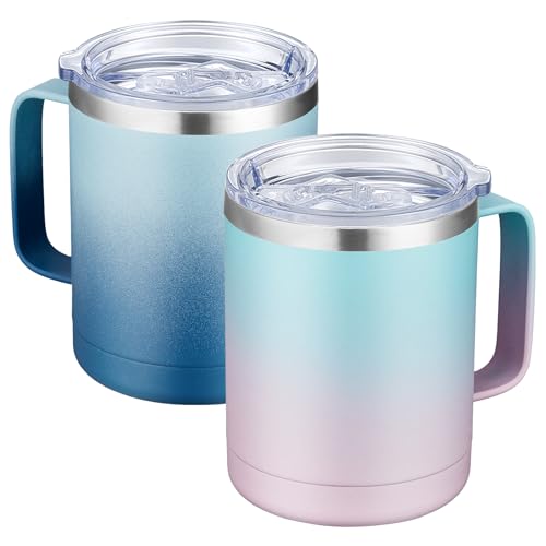 Image of MEWAY 12oz Coffee Mug With Handle 2 Pack Bulk,Stainless Steel Insulated Travel Tumblers With Sliding Lid,Double Wall Vacuum Camping Cup for Hot & Cold Drinks Tea (Bubble Gum&Blue Waves,Set of 2)