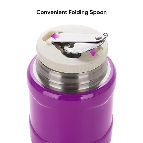 Nomeca Insulated Food Jar Thermos Lunch Container with Folding Spoon, 16 Oz Stainless Steel Double Wall Vacuum Hot Cold Food Container Wide Mouth Leak Proof Lunch Box for Kids Adults - Purple