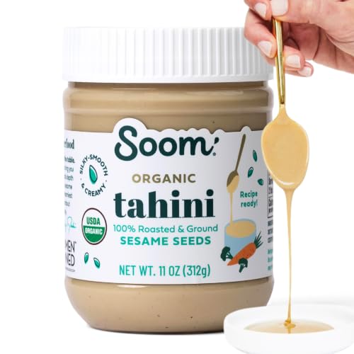 Soom Foods Organic Tahini 11oz (1 Pack) | Roasted & Ground Sesame Seed Paste | Creamy Tahini for Dubai Chocolate Hummus Sauces | Vegan Nut-Free Gluten-Free Kosher Keto Paleo Whole30