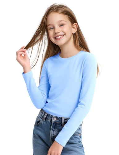KEREDA 3 Pack Girls Long Sleeve Shirts Soft Cotton Crewneck Plain Tops Tees Clothes for Kids Tween3