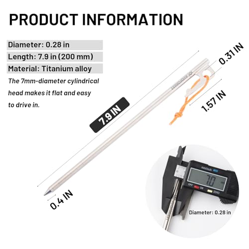 Heavy Duty Tent Stakes - Clavijas para Tienda Grosor Titanio con Cordones Reflectivos, Anclas de Tierra Ultraligeras de 8 Pulgadas Resistentes a la Oxidación para Suelo Duro, Lona y Toldo (Paquete de 8) miniatura 6