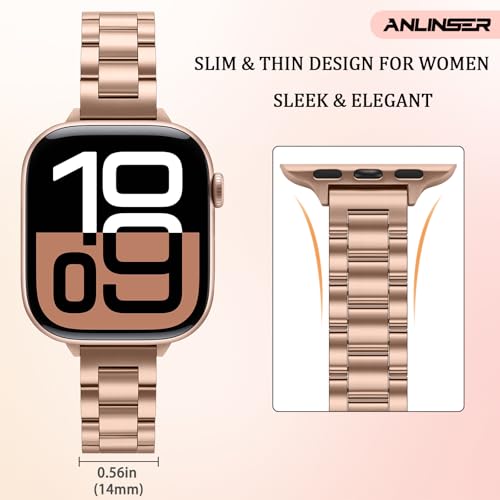 Image of Anlinser Bands Compatible with Apple Watch Band 42mm 41mm 40mm 38mm, Women Slim Stainless Steel Metal Strap for iWatch Series 10 9 8 7 6 5 4 3 2 1 SE (Rose Gold)