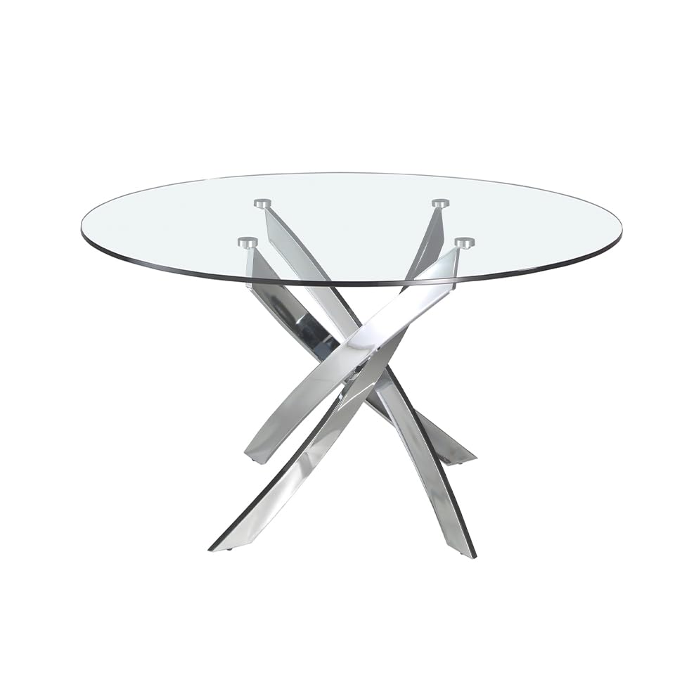 Amara 100cm Round Glass Dining Table With Metal Legs (Clear Glass With Silver Legs)