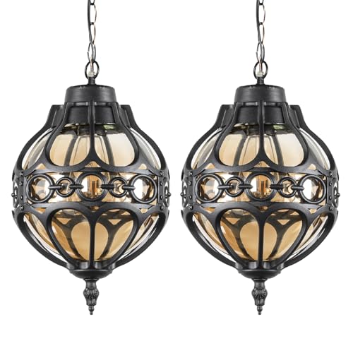 Globe Outdoor Pendant Lights for Porch Patio Garage, Matte Black Aluminum Anti-Rust Hanging Light Fixture, Industrial Round Amber Glass Exterior Chandelier, Outside Pendant Lamp, 2 Pack