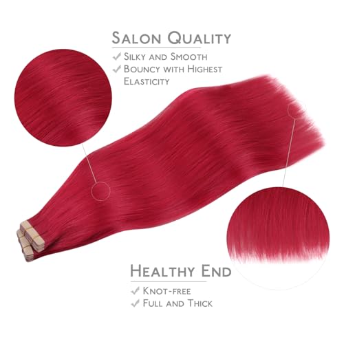 Image of WENNALIFE Tape in Hair Extensions, 40pcs 60g 10 Inch Red Human Hair Straight Invisible Reusable Real Extensions