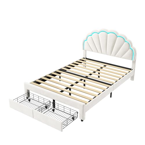 Letto per bambini imbottito 140 x 200 con rete a doghe, LED letto singolo con cassetto portaoggetti, testiera regolabile a forma di petalo, letto da ragazza, telaio del letto, velluto (bianco, 140 x
