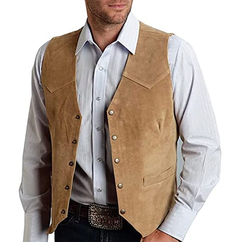 Mens Retro 5 Button Suede Suit Vest V Neck Leather Casual Waistcoat For Prom Banquet For Father Husband Gift Regular Fit (Color : Brown, Size : X-Large) #TOP8
