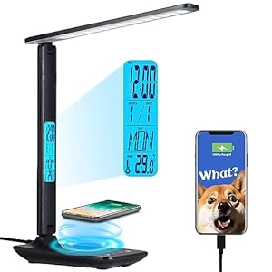 Multifunctional LED Desk Lamp with Wireless Charger,USB Charging Port,Clock,Phone Holder,Desk Lamps for Home Office,Eye-Caring Reading Lamp,Study Lamp for Boys,Girls,Teens,Black