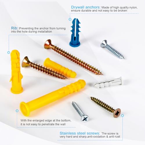 230 Pcs Drywall Anchors and Screws Assortment Kit, 115 Plastic Wall Anchors and 115 Philips Flat Head, 5 Sizes Galvanized Screws and Wall Plug Bolts with Organizer Box
