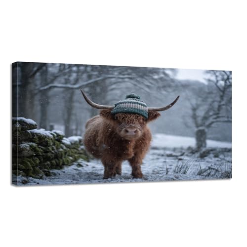 Large Canvas Wall Art Winter Highland Cow Soft Horns Snowy