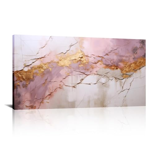 Art mural en marbre rose et or 65x130cm grand tableau abstrait sur toile encadré pour salon