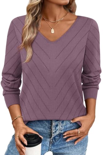 Image of WIHOLL Sweaters for Women V Neck Casual Knit Long Sleeve Tops Lightweight Pullover Clothes Fall Fashion Outfits 2026
