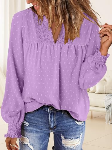 BETTE BOUTIK Women Boho Long Sleeve Shirts Dressy Casual V Neck Fall Fashion Tops Swiss Dot Flowy Blouses