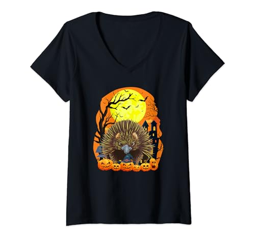 Womens Echidna With Pumpkins Funny Scary Halloween Party V-Neck T-Shirt