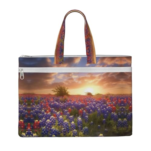 Texas Bluebonnets Scenery Print Canvas Tote File Bag Suitable For Studying, Traveling, Traveling, Commuting, Etc.