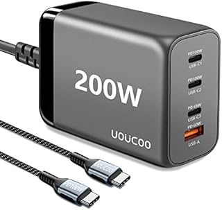 UOUCOO 200W USB C Charger Plug GAN Charger,100W+100W 4 Port Fast Charger USB C Charging Station/Power Adapter,with 2m PD Lightning Cable,for MacBook Pro/Air,Dell,iPhone14/13Pro iPad,Switch,Galaxy