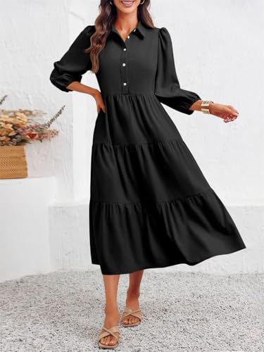 Image of Wenrine Womens Casual 3 /4 Sleeve Shirt Dress Button Down V Neck Tiered Collared Flowy Maxi Dress