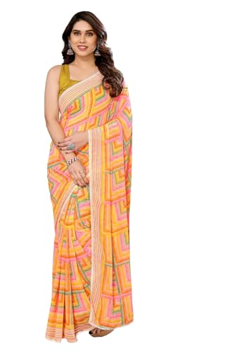 Image of ROOP SUNDARI SAREES Readymade Pleated Pre Drape Stitched Floral Printed Georgette Saree For Women's With Lace Border & Blouse(Ready To Wear One Minute)