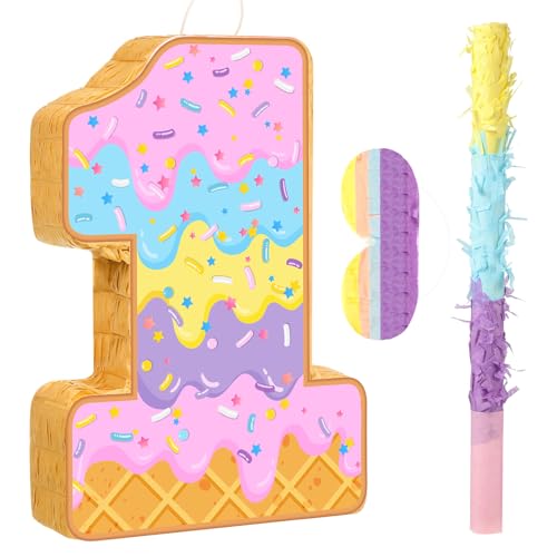 Aoriher Summer Birthday Piñata Ice Cream Game Set Summer Number Piñata with Bat Stick Blindfold Mask for Sundae Theme Birthday Baby Shower Party Game Supplies Decor(Number 1)