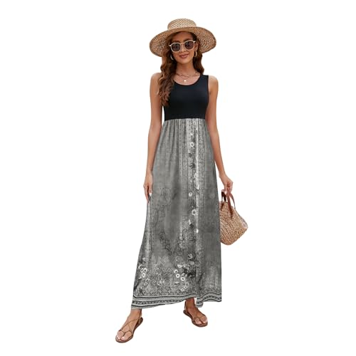 Image of Sherosa Women Boho Chevron Striped Floral Printed Summer Sleeveless Tank Long Maxi Party Dress