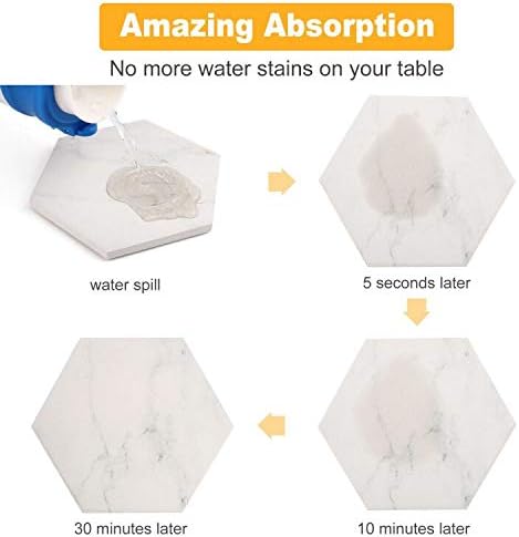 LotFancy Coasters for Drinks Absorbent, 6 Pcs Hexagon Ceramic Coasters with Holder, White Marble Coasters with Non-Slip Cork Base, Housewarming Man Cave Bar Decor Hostess Gifts