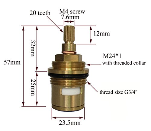 Huashan Pair of Replacement Brass Ceramic Disc Stem Cartridge Faucet Valve Quarter Turn 3/4" X 57mm x 12mm spline length 20 teeth