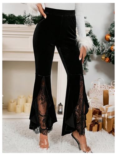 Milumia Women's Velvet Flared Leg Pants High Waisted Contrast Lace Ruffle Hem Pants4