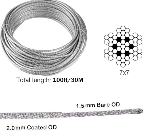 TooTaci 30M Garden Wire for Climbing Plants, 2mm PVC Coated Stainless Steel Cable with M5 Turnbuckles, Fence Wire, Vine Eyes for Climbing Plants, Perfect for Trellis, Outdoor String Light Hanging
