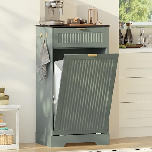 Image of Single 13 Gallon Tilt Out Trash Can Cabinet,Garbage Cabinet with Drawer | Hidden Garbage Storage with Fluted Design, Drawer & Hooks for Kitchen, Dining Room and Small Space Organization,Green