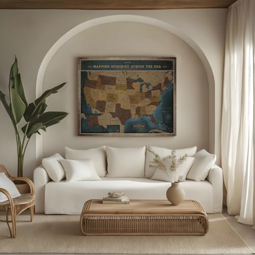 Image of DECORARTS - USA Push Pin Travel Map, Vintage Explorer-Style Canvas Wall Art in Blue, Archival Giclee Print, Hand-Stretched Canvas, Living Room & Office Wall Decor, for Travelers, Made in USA, 35x28''