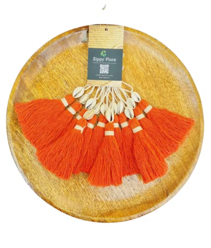 Image of Zippy Flora Handmade Cotton Tassels with Cowrie Shells for DIY & Crafts Project, Pack of 10 (Orange)