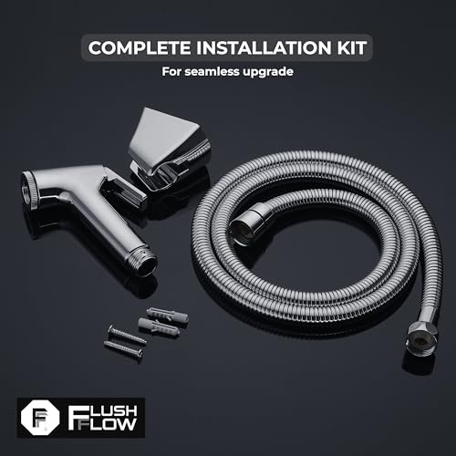 Image of B-06 ABS Health Faucet with 1.2 Meter 304 Grade Stainless Steel EPDM Flexible Hose and Wall Hook l Jet Spray for Bathroom | 1 Year Warranty | Chrome (Complete Set (Gun + Hose + Hook))