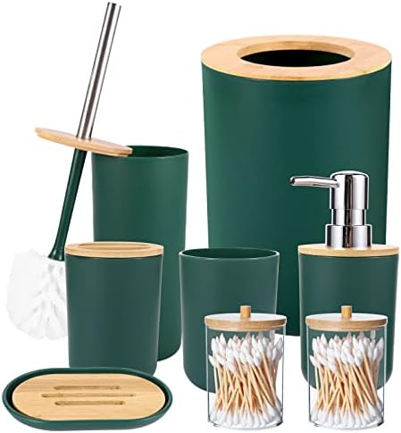 SLDIYWOW 8 Items Darkish Inexperienced Toilet Equipment Set, Plastic Toilet Equipment Set with Lotion Bottles, Toothbrush Holder, Toothbrush Cup, Cleaning soap Dish, Bathroom Brush, Trash Can and Qtip Holders