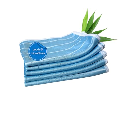 TECH N'FAST Chiffon Bambou - Essuyage vitre sans Trace, INOX, chromes, miroirs - Lot de 5 Microfibres - Dimensions 48x36cm - Couleurs : Vert-Bleu-Rose (Bleu)