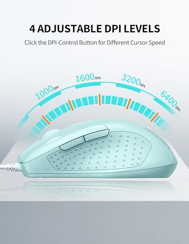 Image of TECKNET Wired Mouse, 6-Button Corded with 4 Adjustable DPI, Ergonomic Optical Mouse, 5FT Cord for Laptop, Chromebook, PC, Desktop, Mac, Notebook - LT.Green