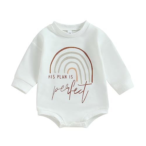 Image of Maemukilabe Cute Baby Boy Girl Oversized Sweatshirt Bubble Romper Long Sleeve Rainbow Letter Jumpsuit Summer Winter Outfits (Rainbow-White, 0-3 Months)